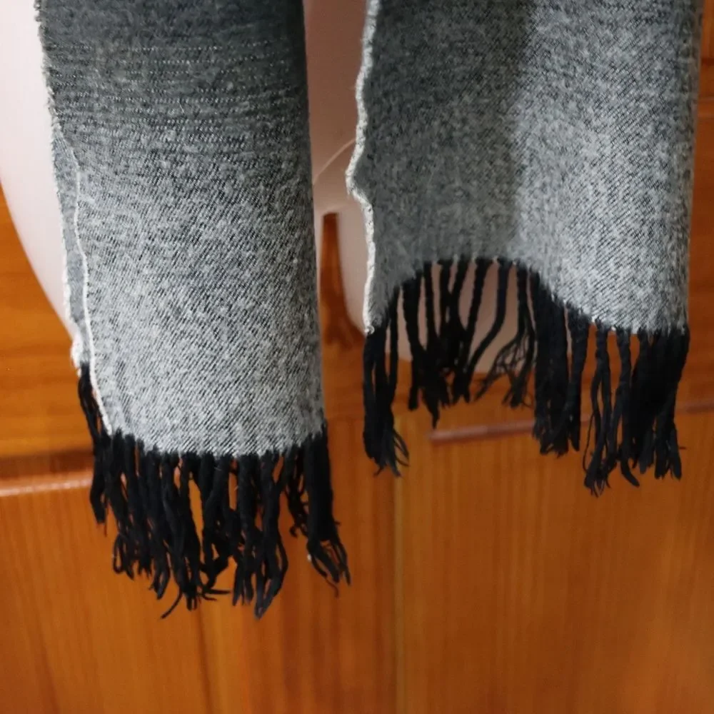Vintage Black & Gray Gradient Ombre Scarf with Fringe Warm Winter